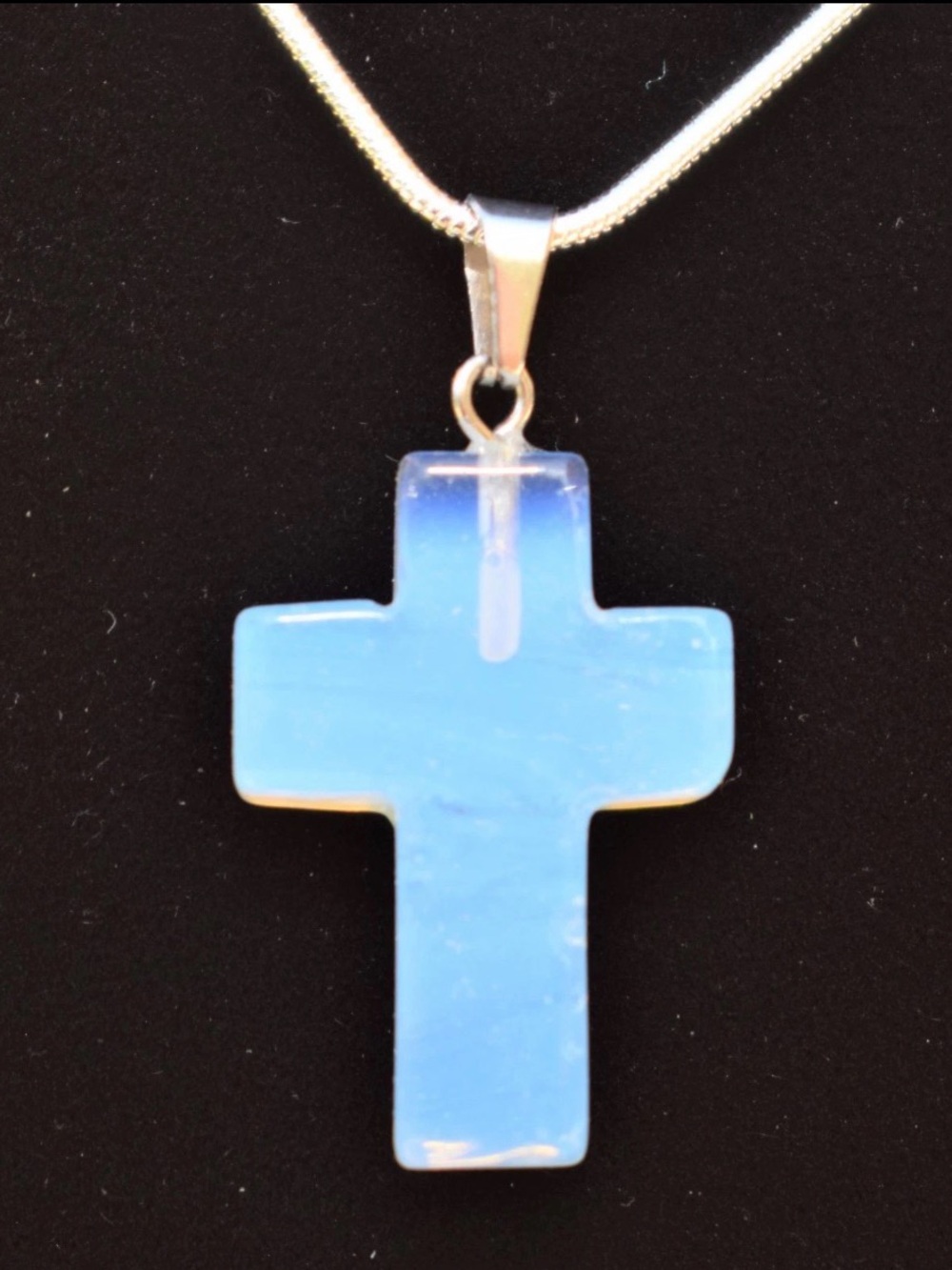 NATURAL Opalite Cross Pendant 18K White Gold Necklace